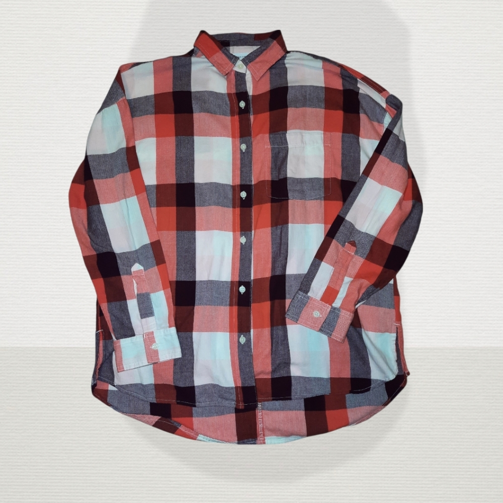 WOMEN'S OLD NAVY THE BOYFRIEND SHIRT PLAID BUTTON-UP LONG SLEEVE | LARGE